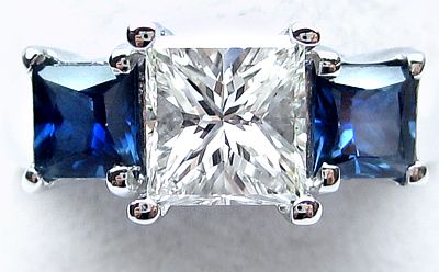 90 Ct Diamond and Sapphire Three Stone Ring Platinum