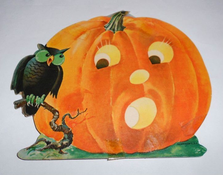  Jack O Lantern Scared by Owl Diecut Decoration Dennison USA