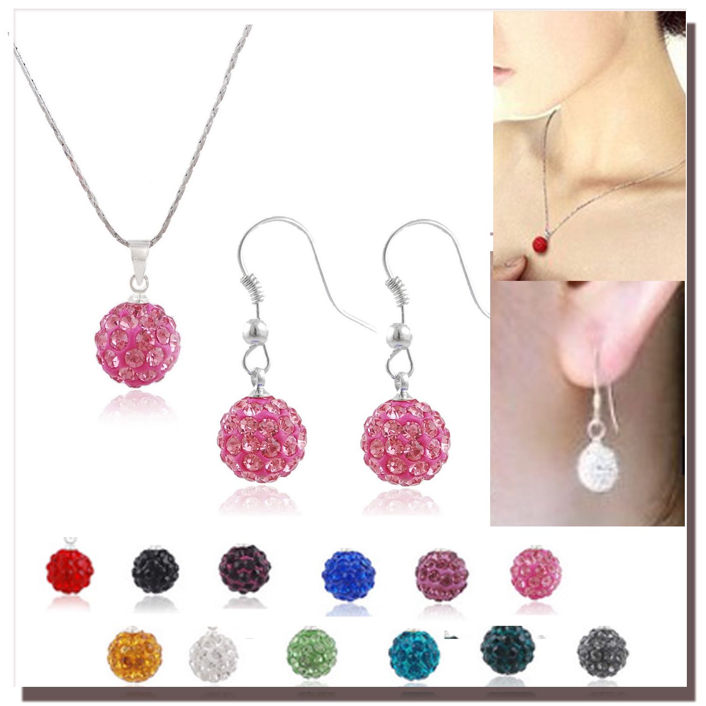 Disco Crystal Ball Bead Charms Necklace Earrings Fashion Ladies