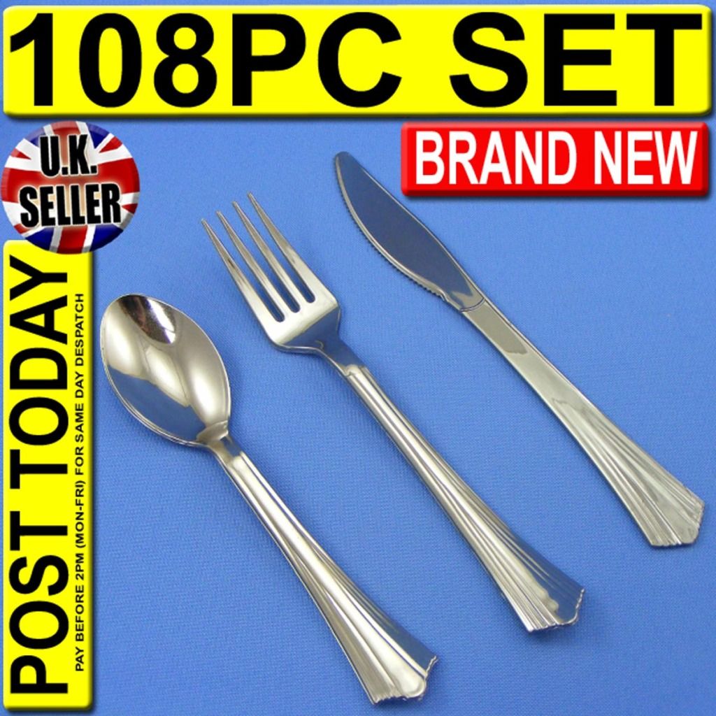 108 x Silver Chrome Strong Plastic Cutlery Set Knife Fork Spoon Buffet