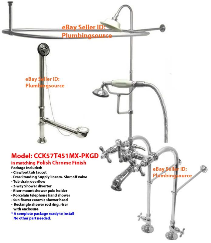  Clawfoot Tub Faucet Supply Lines Drain w Shower Riser Enclosure