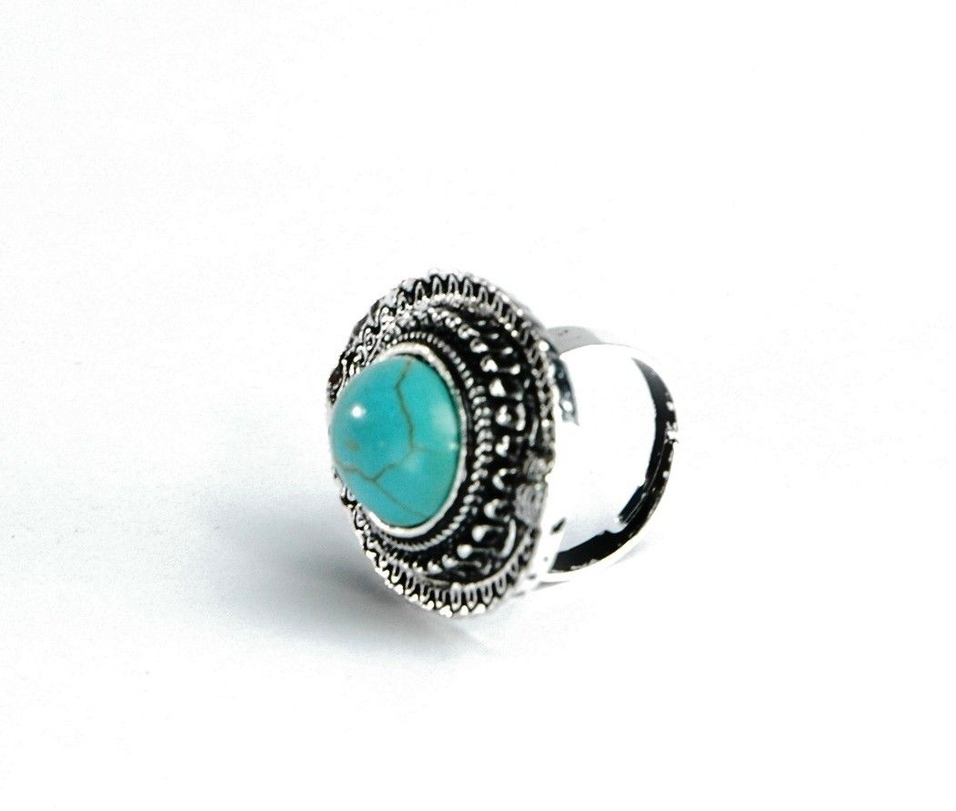 Fashion Jewelry Turquoise Large Oval Silver Self Adjust Ring