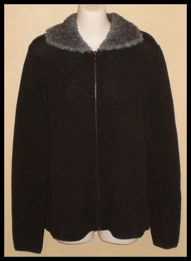 Emanuel UNGARO Wool Mohair Zip Sweater Jacket Sz L Faux Fur Collar