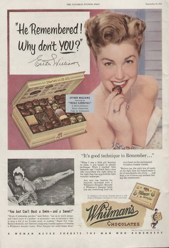 Whitman Chocolates Sampler 1951 Ad Esther Williams