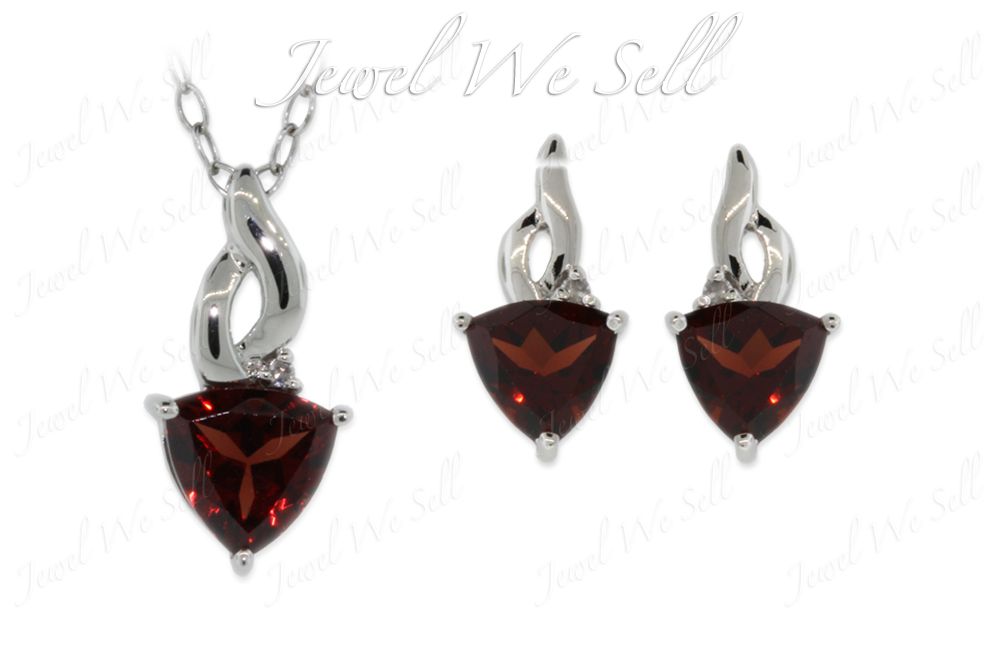 925 Sterling Silver Trillion Cut Garnet Diamond Earrings & Pendant Set