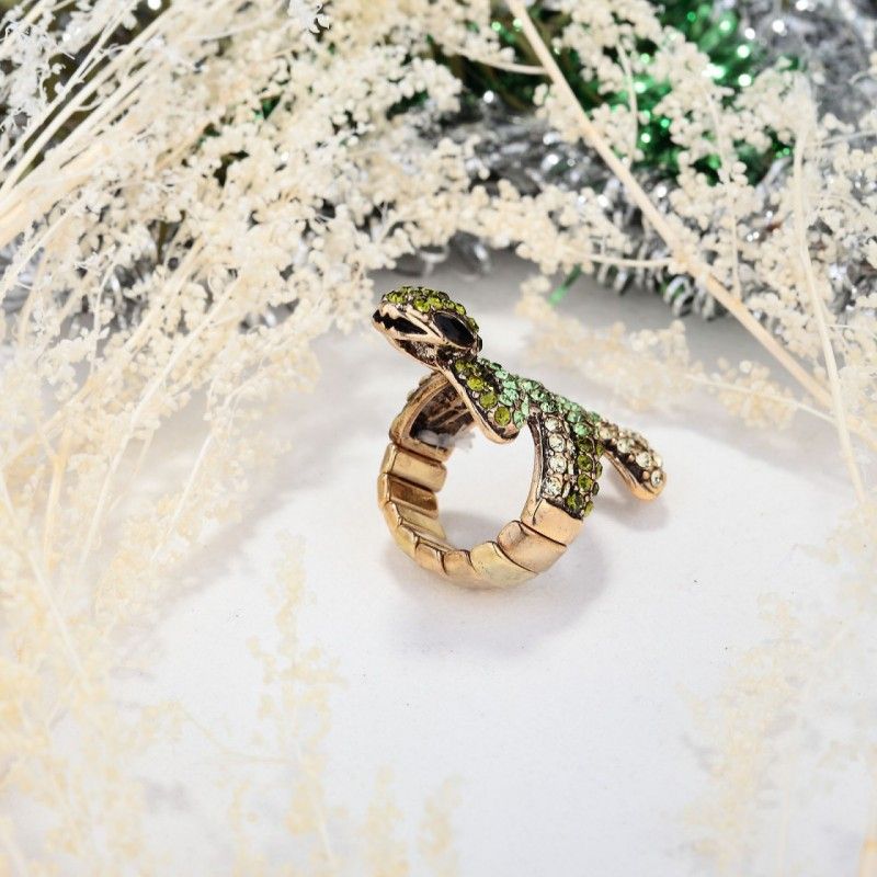 Gold Plated Rhinestone Pave Long Snake Stretch Cocktail Ring Green