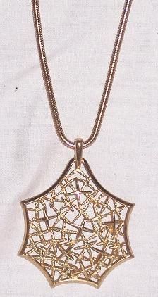   Signed CROWN TRIFARI Gold Tone Metal Spiders Web Pendant Necklace