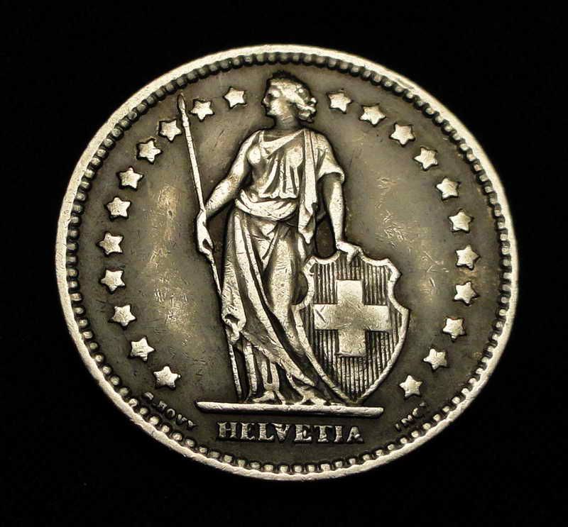  RARE 1914 1 Franc Silver Coin Switzerland Helvetia B Mint Mark