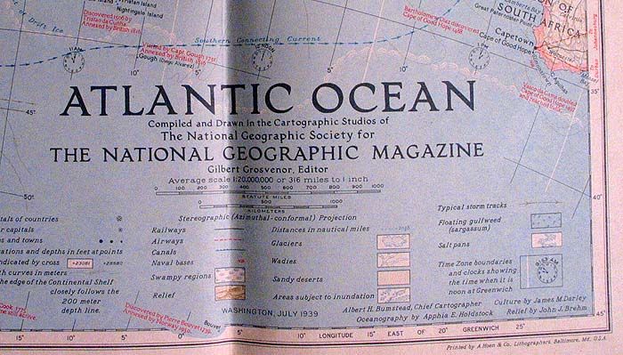 This is an original 1939 National Geographic Map of Atlantic Ocean.