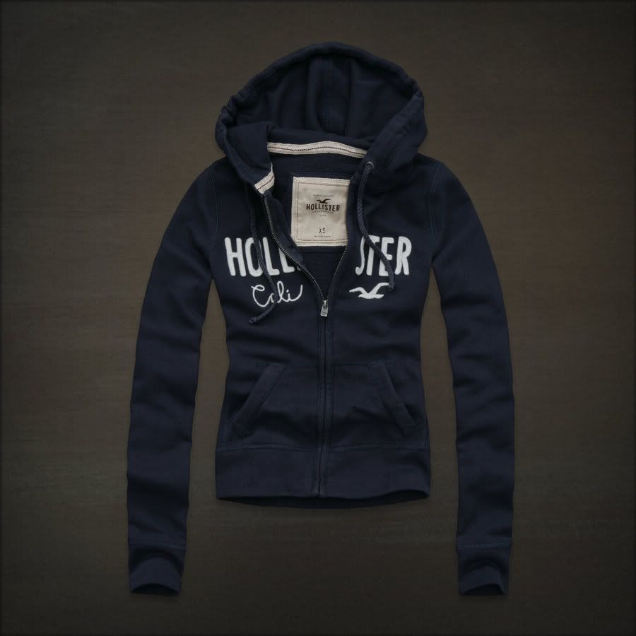 Hollister Women Navy Blue Zip Fleece Zip Logo Hoodie Sweatshirt Jacket