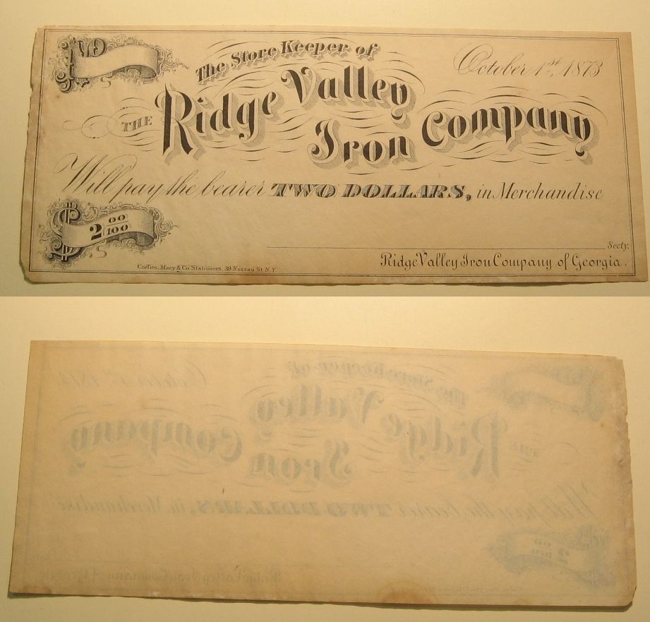 Script $2 Ridge Valley Iron Co of Georgia 1873 AU