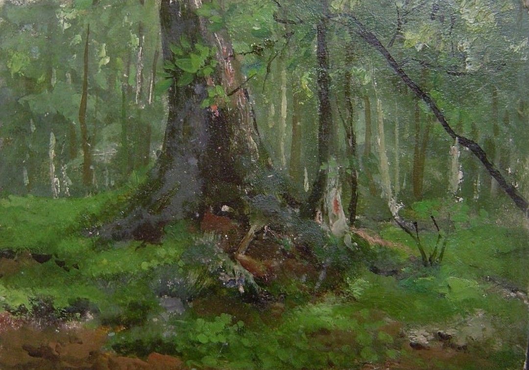 Fine Antique Oil Painting Belgian Tree Trunk c1900 on Board