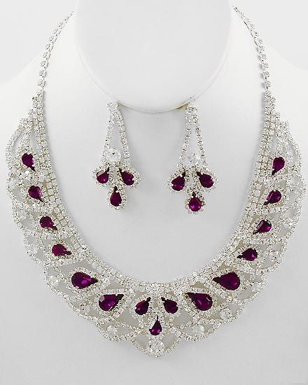  jewelry burgundy RHINESTONE choker necklace pierced earrings set prom