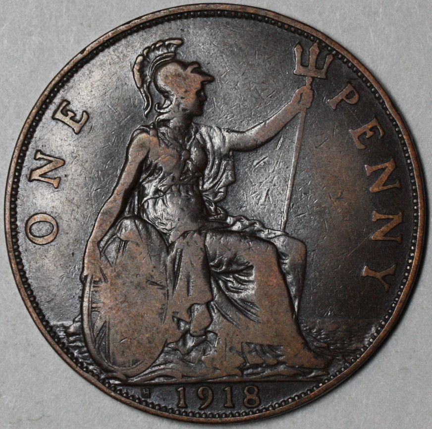 1918 H LARGE BRONZE PENNY King GEORGE V GREAT BRITAIN KEY DATE WWI