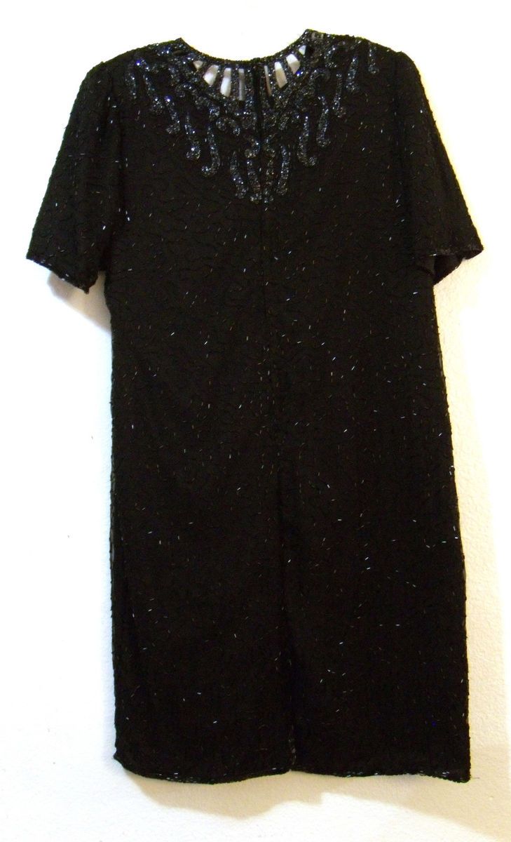 Laurence Kazar Black Silk Beaded Dress s s 2XL