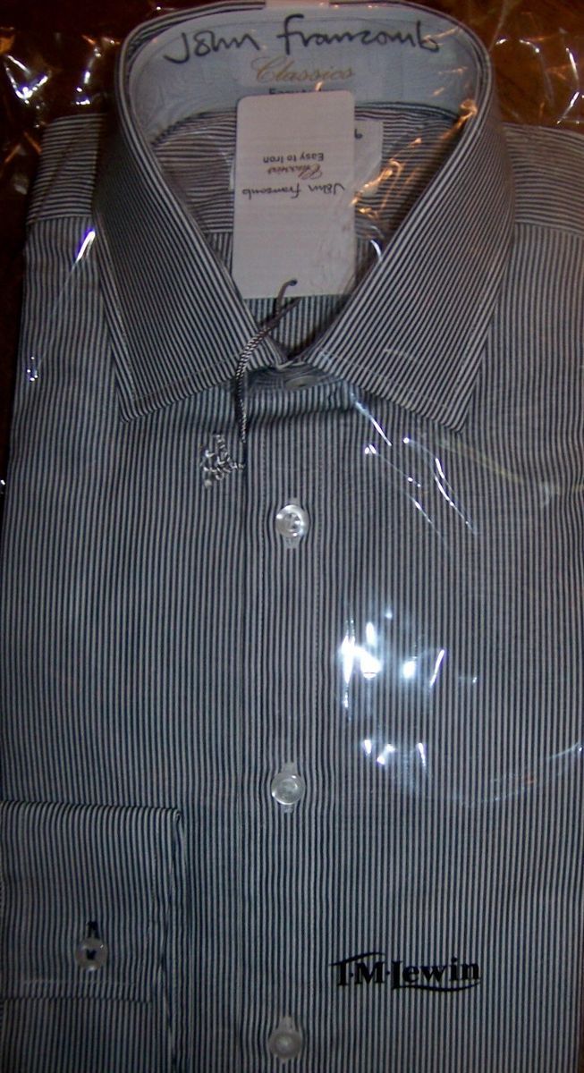John Framcomb T M Lewin Gray White Pinstripe Classic LS Shirt 15 5 34