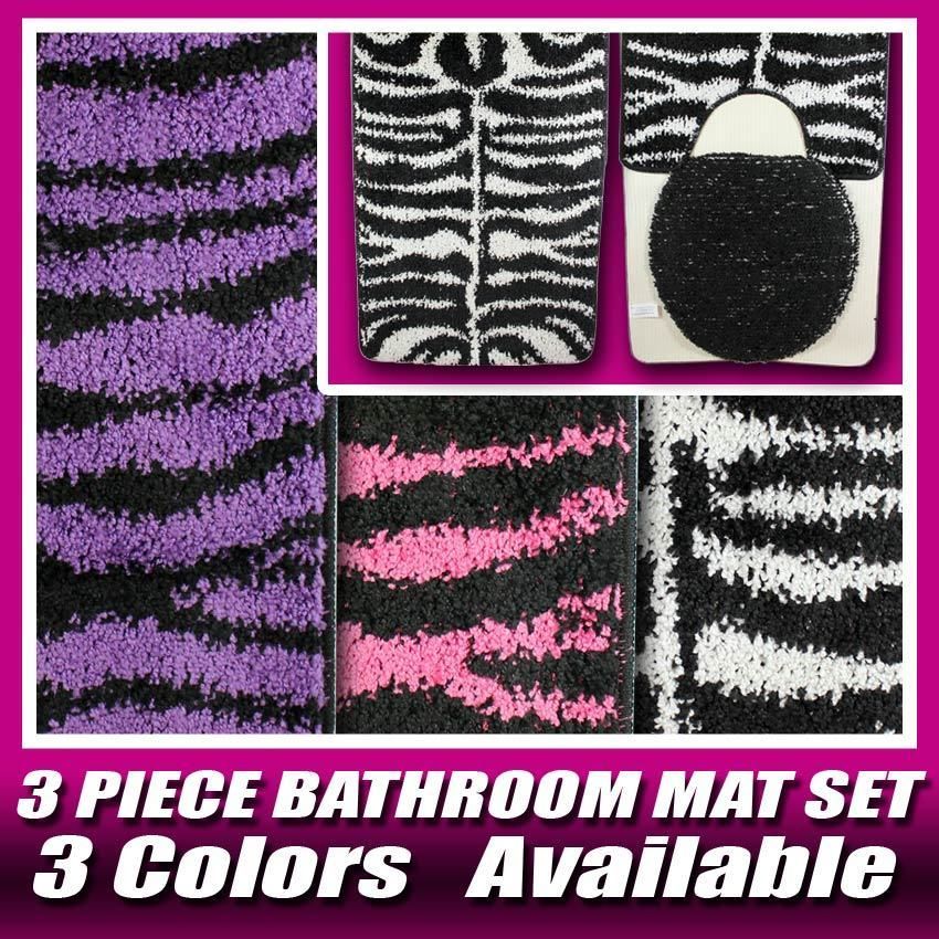 Colors 3 PC New Zebra Bathroom Rug U Shape Mat Toilet Lid Cover Set