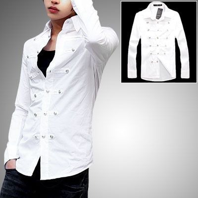 Men Slim Fit White Long Sleeve Point Collar Button Up Shirt S