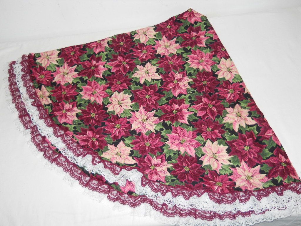Hand Made Fabric Poinsettia Design Christmas Tree Skirt