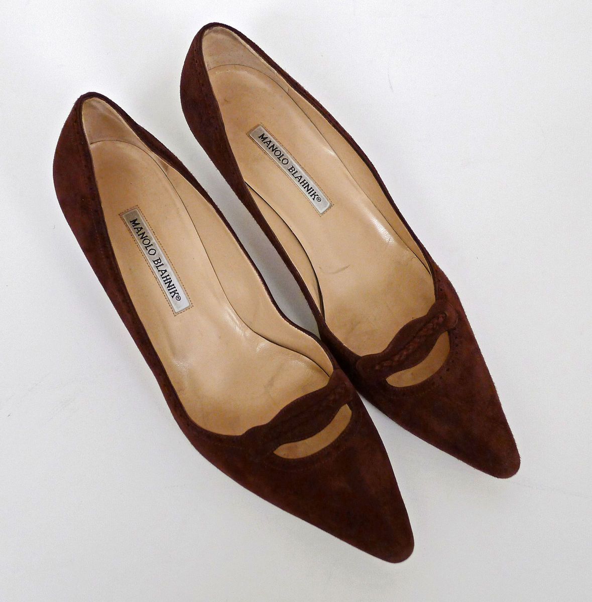 Manolo Blahnik Brown Suede Heels with Cut Out and Perforated Details
