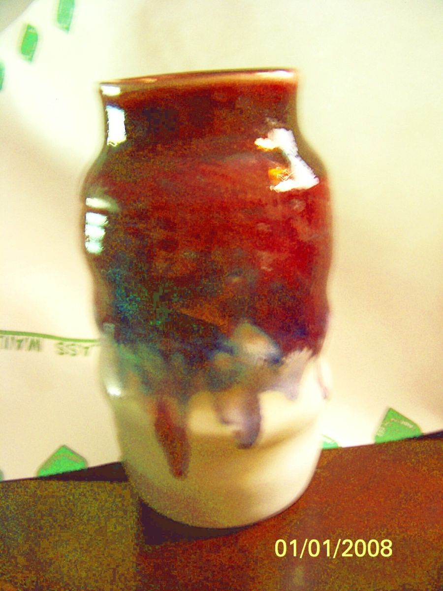 Mangum Pottery Signed 7x4 Glazed Flower Vase in Red Blue Purple on