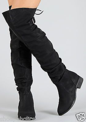 BLACK Womens Buckle Lace Up Thigh High Boots Size 6 to 10