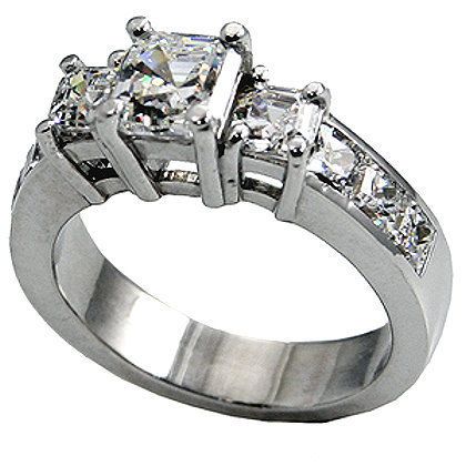 50 CTW ASSCHER CUT 3 STONE ENGAGEMENT RING W/ACCENTS SOLID .925
