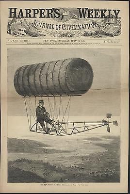 New Flying Machine Balloon Propeller 1878 antique wood engraving