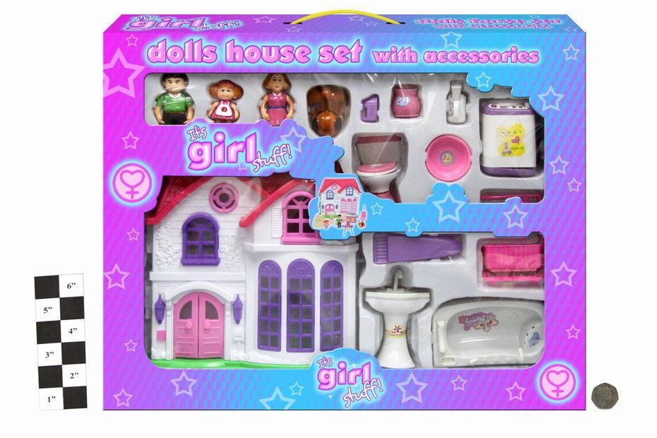 PINK DOLL HOUSE SET WITH ACCESSORIES FURNITURE 3 DOLLS+DOG BATH SINK