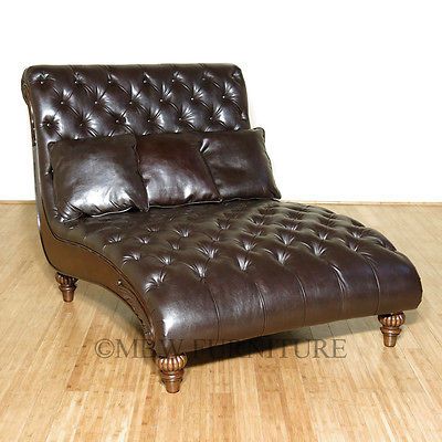 Tufted Genuine Leather Double Chaise Lounge w/ 3 Throw Pillows 15035
