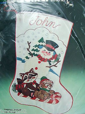 SNOWMAN CHRISTMAS CRITTERS Crewel Stitchery Christmas Stocking Kit