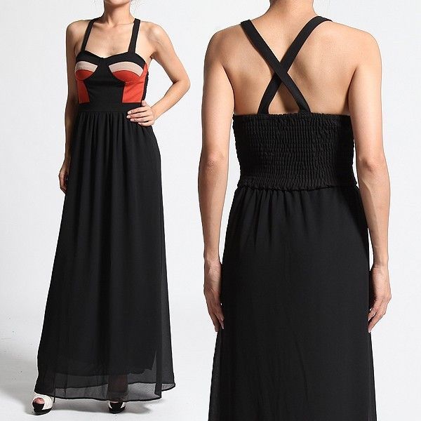Bustier CHIFFON MAXI DRESS Smocked Cross Back Long Party Gown