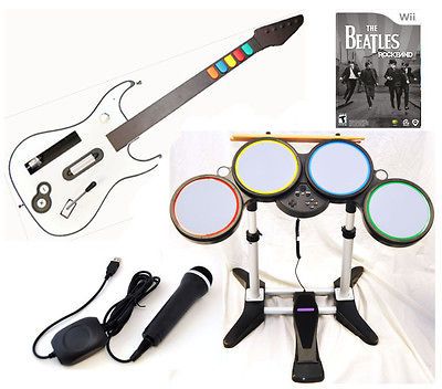 Wii ROCK BAND BEATLES Game Set w/Wireless Guitar Drums Mic bundle