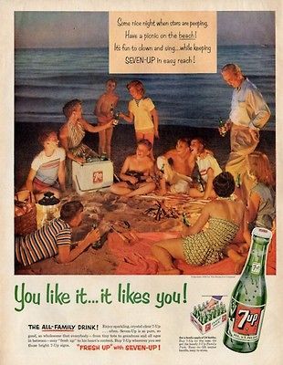 1954 Seven 7 Up Vintage Bottle Cooler Family Beach Party PRINT AD
